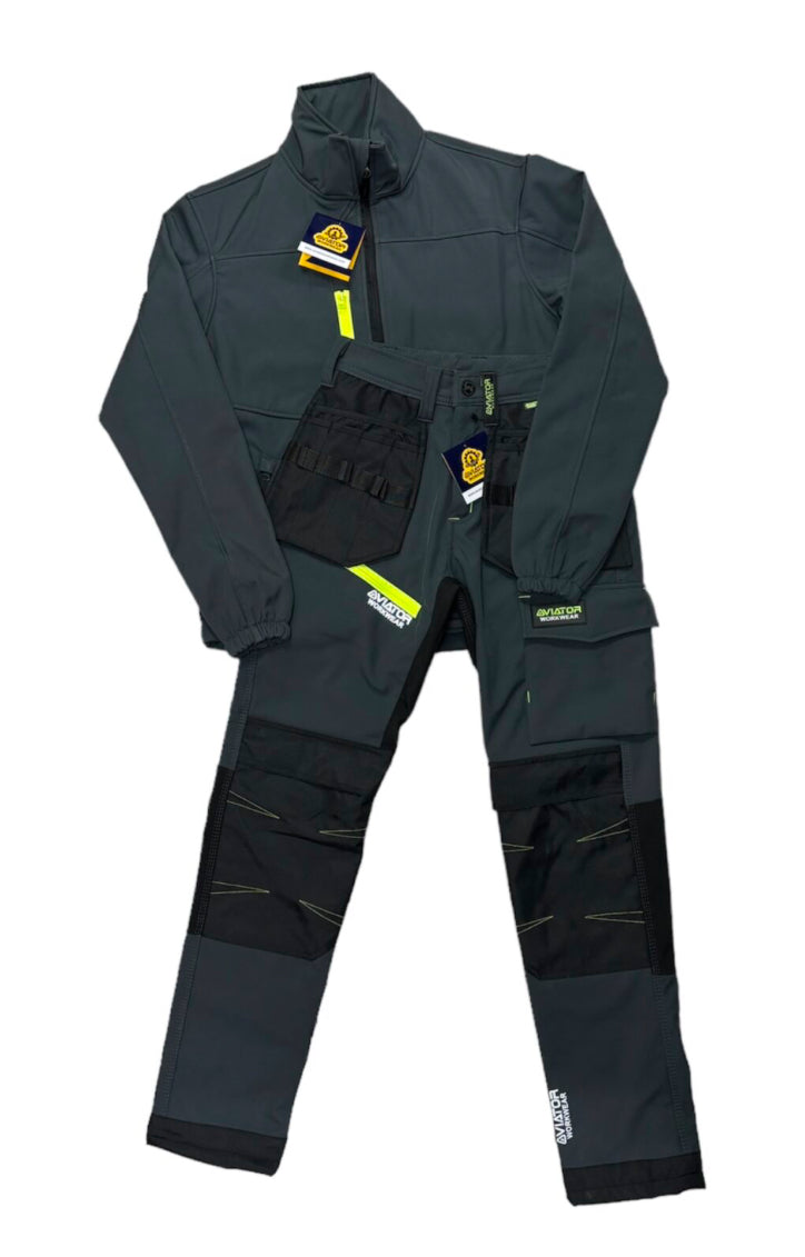 MEN’S SOFTSHELL AVIATOR JACKET AND TROUSERS – GREY/GREEN