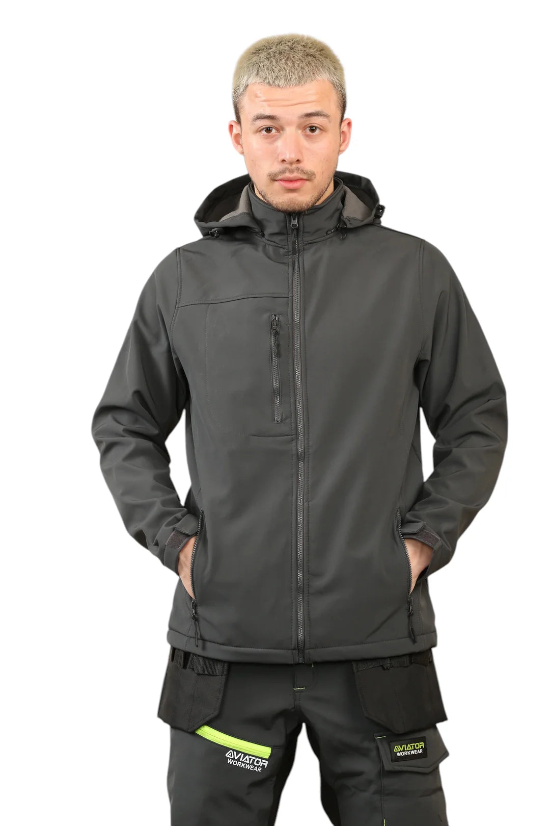 WW-069 (Grey) Aviator Men's Waterproof Softshell Jackets Removeable Hoodie with Zip Pockets