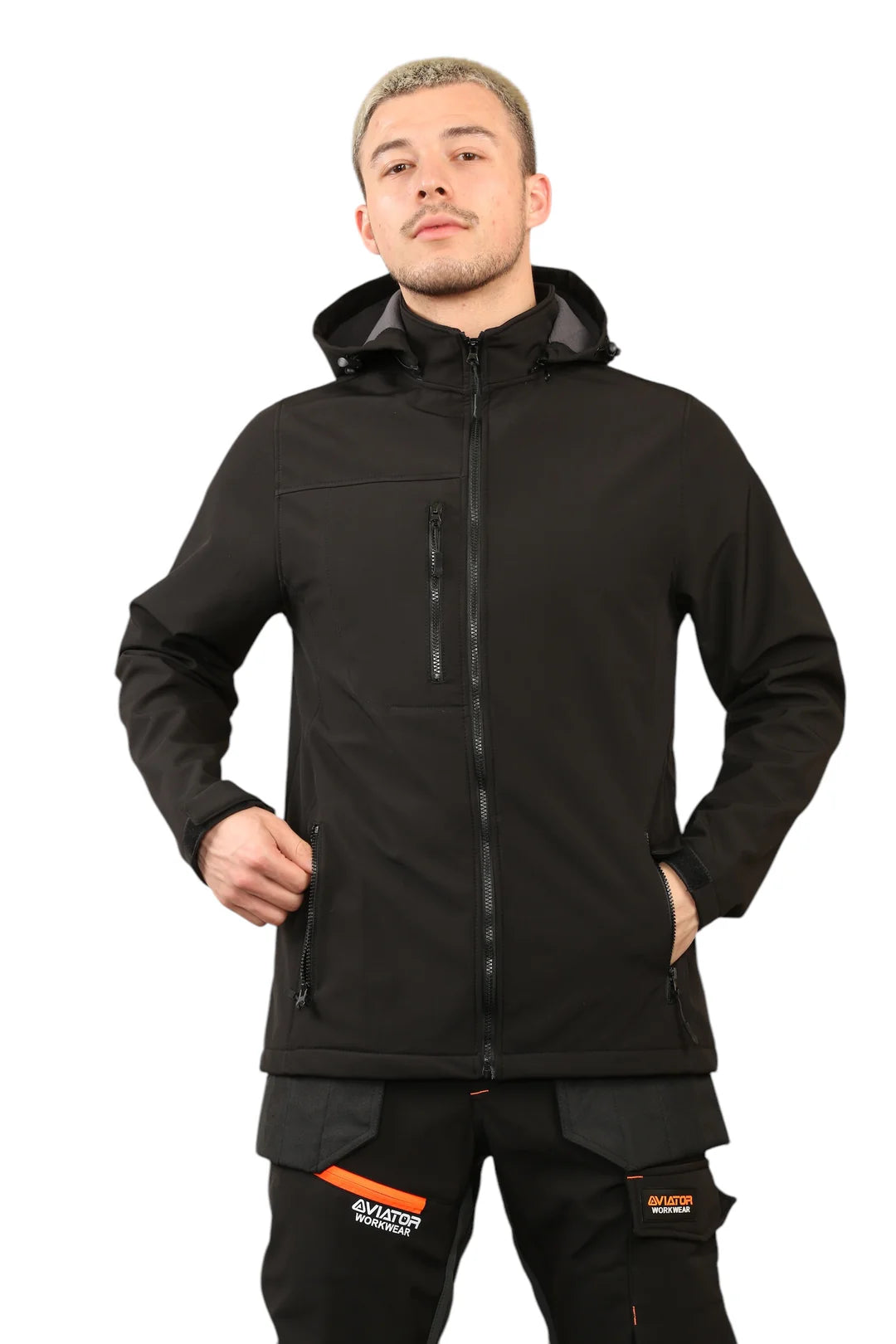 WW-069 (Black) Aviator Men's Waterproof Softshell Jackets Removeable Hoodie with Zip Pockets