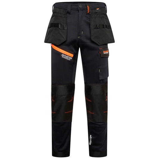 WW-062 (Navy) MEN’S AVIATOR SOFTSHELL TROUSERS – NAVY/ORANGE / REG LEG