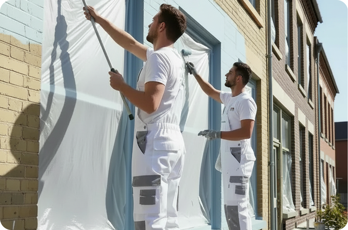 Two painters in white bib-and-brace workwear masking a window frame on a house front