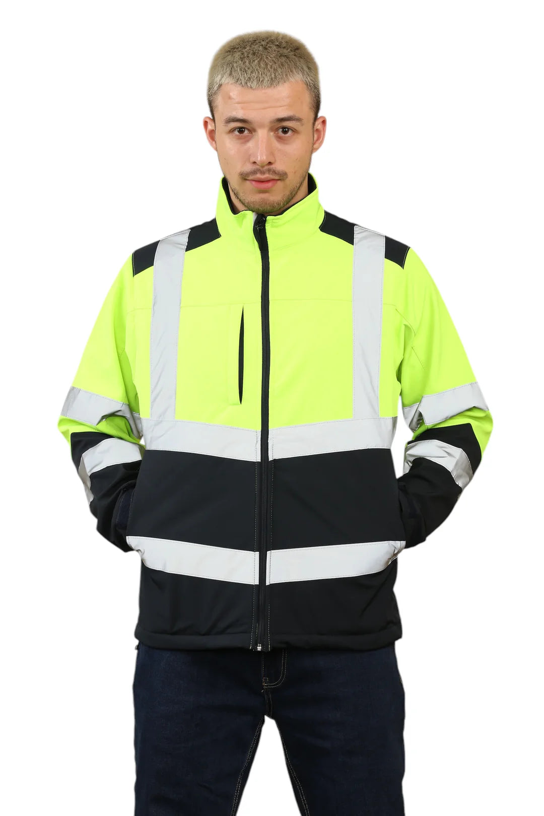 HV-040 Aviator High Vis Softshell waterproof Jacket Yellow/Navy Removable hood