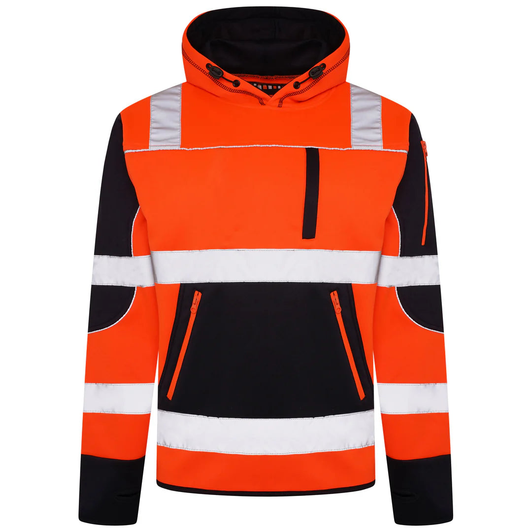 HV-042 Aviator High Vis 4 Pockets Pullover Hoodie - Orange/Navy