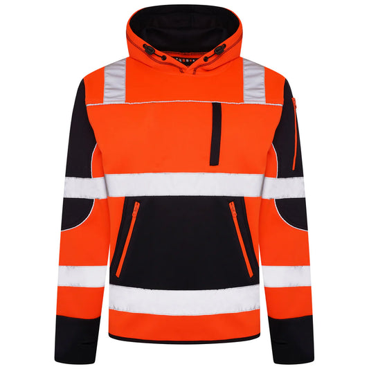 HV-042 Aviator High Vis 4 Pockets Pullover Hoodie - Orange/Navy