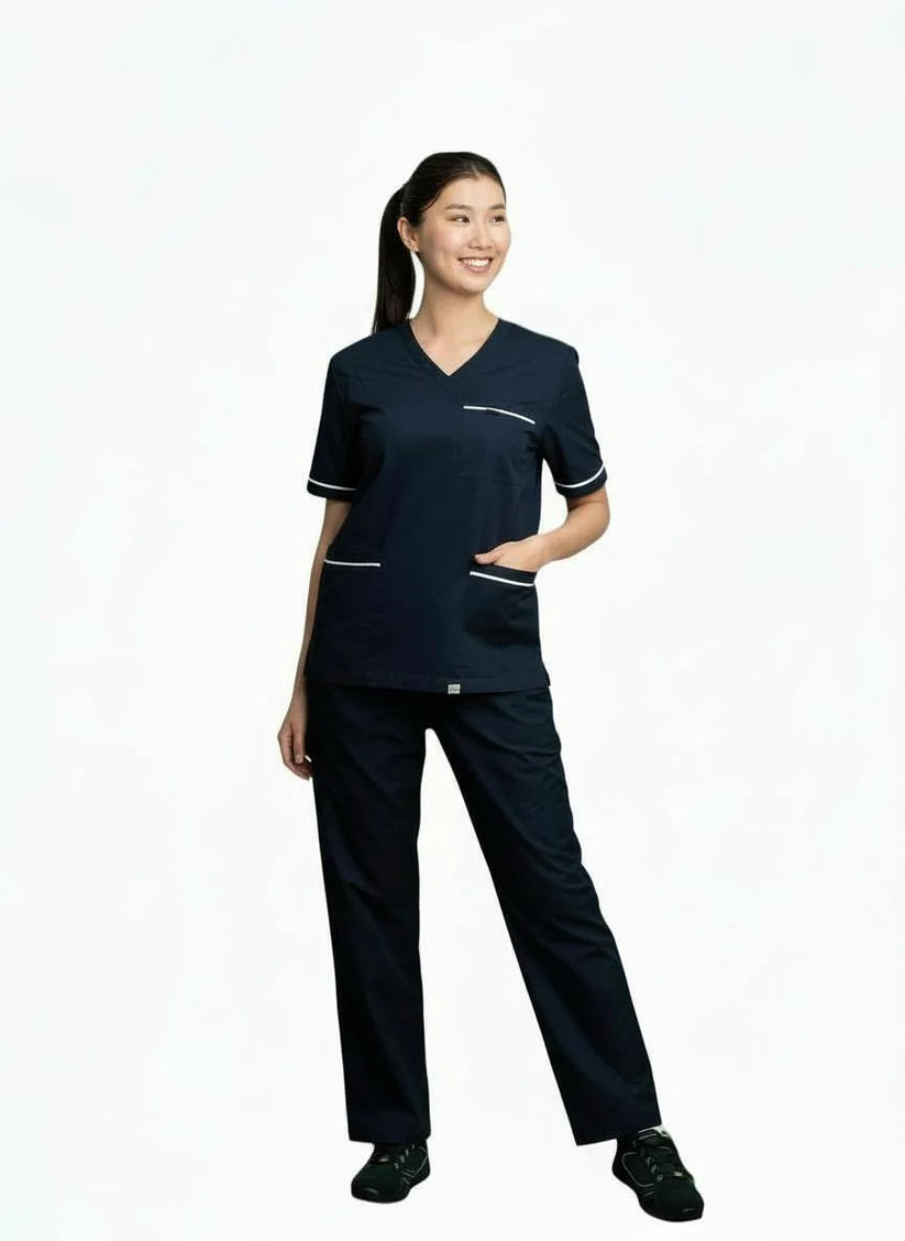 PHILTEX- Poly Cotton Contrast Trim Scrub Top (Navy/White)