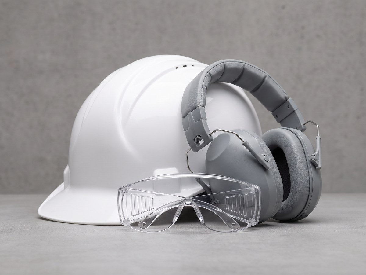 Hard hat, safety glasses and ear defenders