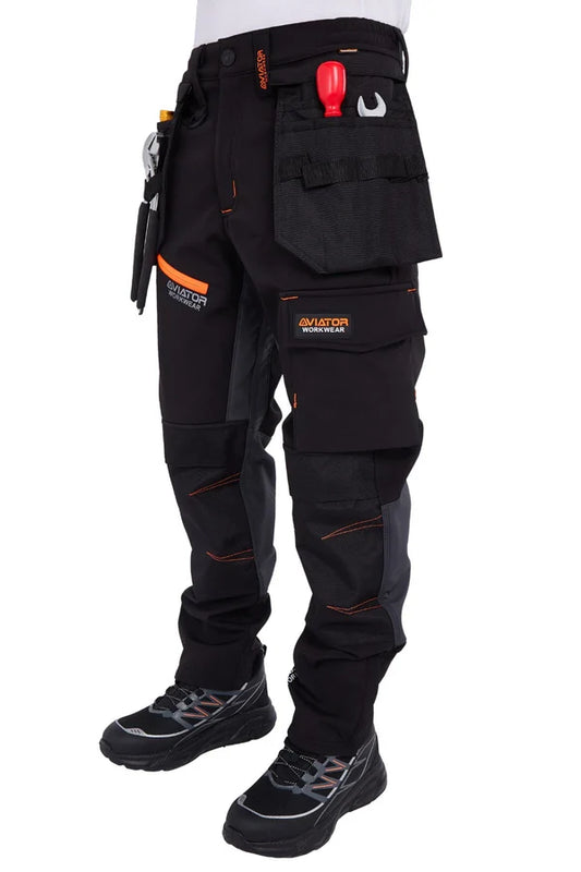 WW-076 (BLACK/ORANGE) Men's AVIATOR  SOFT SHELL CARGO TROUSERS, REG LEG